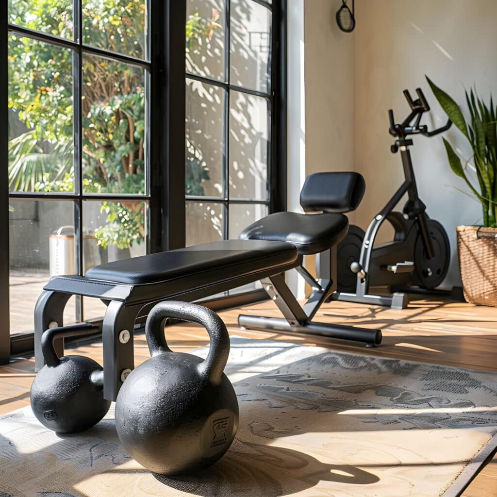 Home gym equipment standing on a rug in a sunlit room